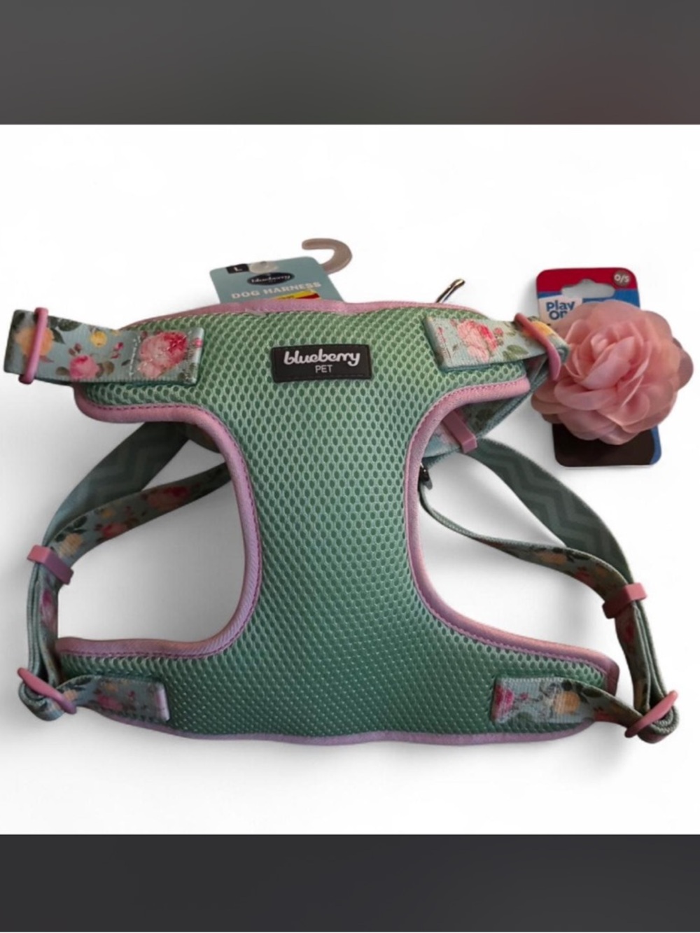 Blueberry Pet Mint Green Floral Dog Harness with Pink Trim